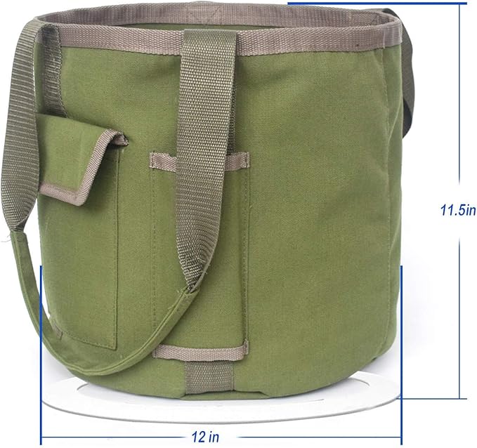 HANC Green Bucket Garden Tools Bag with 2 Pockets Tote Garden Tools Bag in Water Proof Canvas Storage Organizer for Men Or Women(Bag Only)
