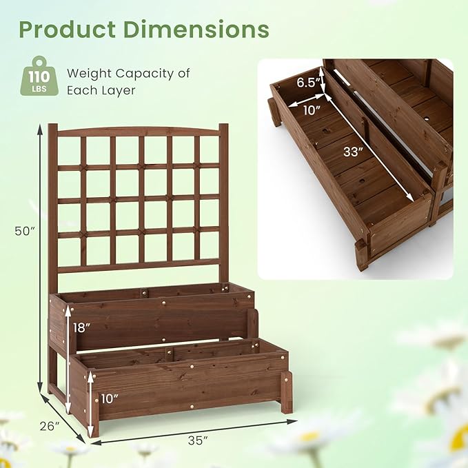 Byroce Outdoor Raised Garden Bed Garden Planter Box with Lattice Trellis Legs &amp Drainage Hole 2-Tier Standing Elevated Planter for Flower Fruit Vegetable &amp Climbing Plants in Patio Balco
