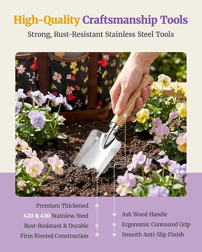10-Piece Garden Tool Set with Reinforced Storage Bag Heavy-Duty Stainless Steel Gardening Tools with Premium Ergonomic Ash Wood Handles Professional Rust-Proof Garden Gift Set for Women Men