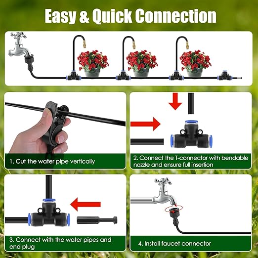 360° Bendable Drip Irrigation System 49FT 5/8 Tubing Hose with 20 Adjustable Misting Nozzles Complete Kit with Faucet Connector for Garden Greenhouse Yard Lawn – Easy Automatic Watering