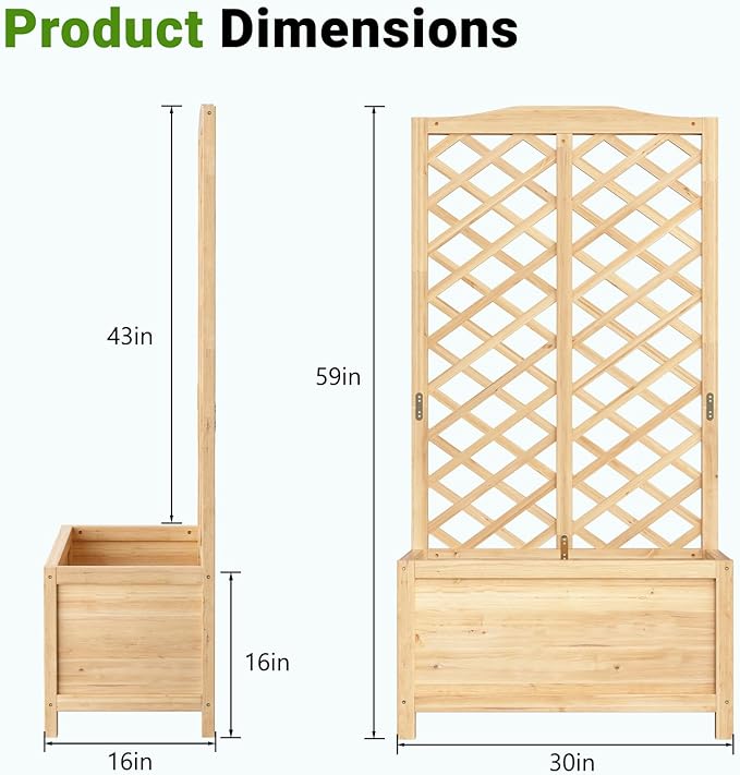 DoCred 2PCS 30 L x 16 W x 59 H Raised Garden Bed Freestanding Elevated Planter Box with Trellis for Climbing Plants Outdoor Wooden Privacy Screen with Garden Box for Backyard Patio Balcony Decor