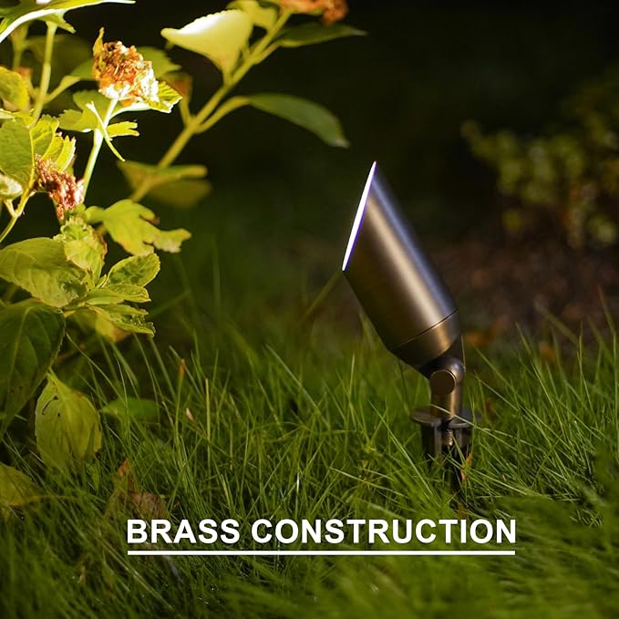 GOODSMANN Low Voltage Brass Landscape Spotlights 2PK 5W LED Outdoor Floodlights 2700K Warm White Replaceable LED Bulbs Outside Hardwired Lighting with Metal Stakes