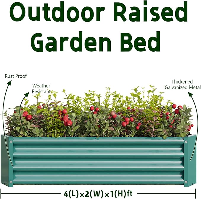 Metal Raised Garden Bed Outdoor Galvanized Raised Garden Bed 4×2×1ft Rectangle Planter Raised Beds Raised Planter Box for Gardening Vegetables Flowers and Herbs Green