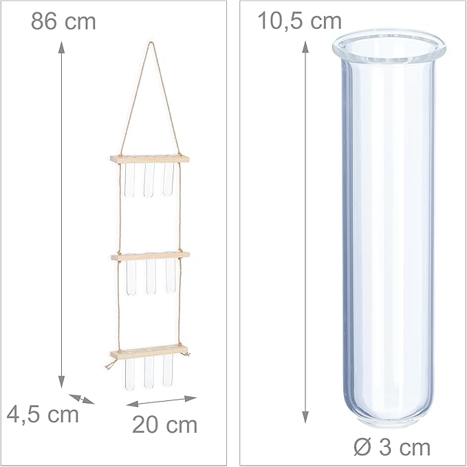Relaxdays Plant Propagation Station Hanging Test Tube Vases with Wooden Shelf Hydroponics 3 Tier Natural/Clear