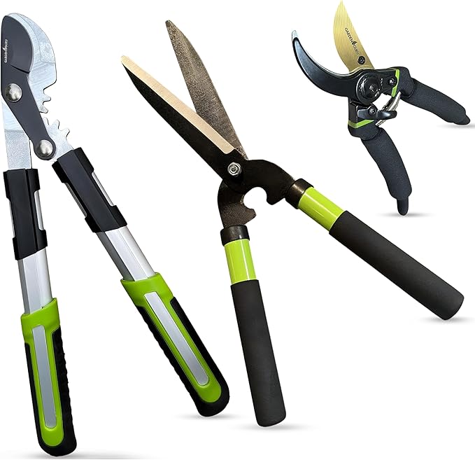 GARDEN GURU Hedge Shears Bypass Loppers Pruning Shears 3 Pc Set - Heavy Duty Comfort Grip Handles - Sharp Blades for Easy &amp Clean Cuts - Perfect Trimming Tool Kit