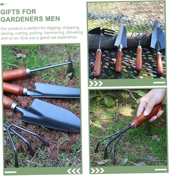 Garden Tool Set 4pcs Mini Metal Shovel and Trowel with Narrow Spade Three-Prong Rake Dual-use Hoe for Digging Planting and Potting in Outdoor Gardening