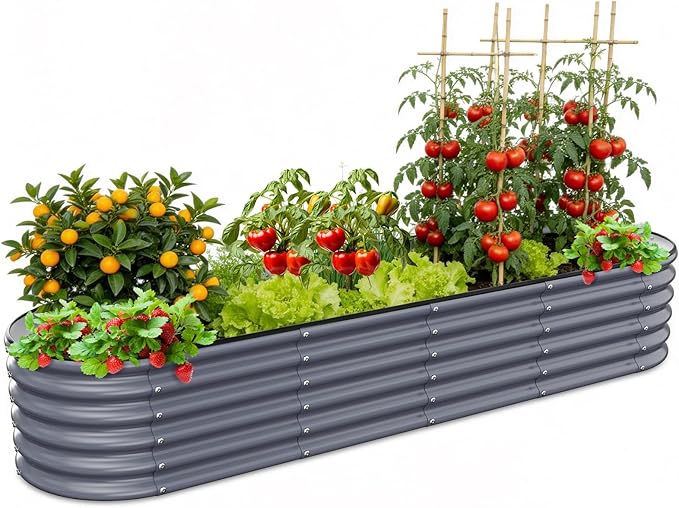 Gruper Galvanized Raised Garden Bed 8×2×1.4 ft Tall Oval Large Metal Planter Raised Garden Boxes Outdoor for Vegetable Fruits Flower Herb Anti-Rust and Sturdy &amp Easy-Setup
