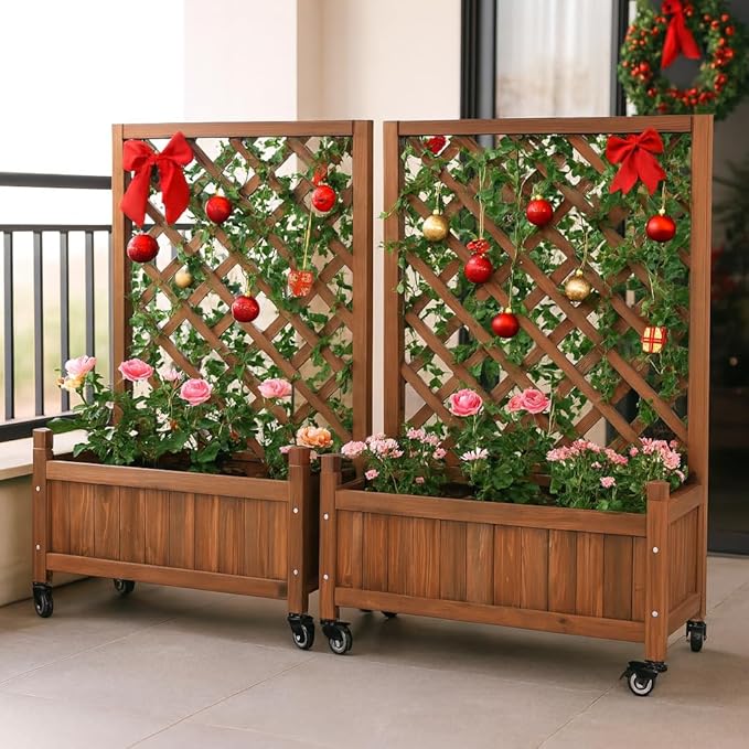 2 Pcs Wooden Planter Boxes with Trellis: Four Universal Wheels for Easy Mobility 37.6 H x 27.5 W x 13 DPerfect for Outdoor Climbing Plants on Patios Balconies &amp Gardens
