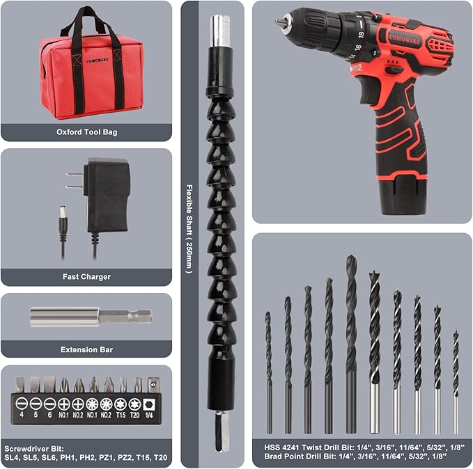 COMOWARE Cordless Drill Set 12V Power Drill 1 Battery 3/8 Keyless Chuck0-450 &amp 0-1500 RPM 10pcs Screwdriver Bits Red