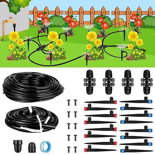 Drip Irrigation System16Ft+78Ft Connector Micro Garden Watering Plants System Automatic Equipment with 1/2'' Hose 1/4'' Distribution Tubing and Accessories for Lawn Patio Raised Bed