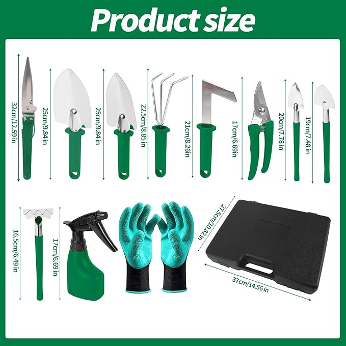 Gardening Tool Set 11 Pieces Gardening Tools with Carrying Case Garden Tool Kit for Digging Planting Pruning Unique Gardening Set with Gloves for Women and Men (Green)