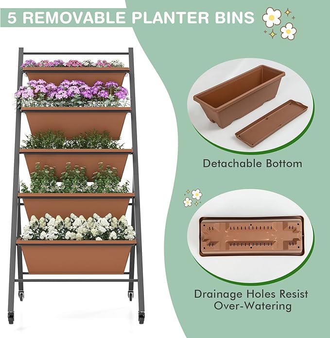 Raised Garden Bed on Wheels 5-Tier Elevated Planter Box with Removable Base Drainage Hole &amp Metal Frame Outdoor Garden Planter Container for Flower Vegetables (1 Brown)
