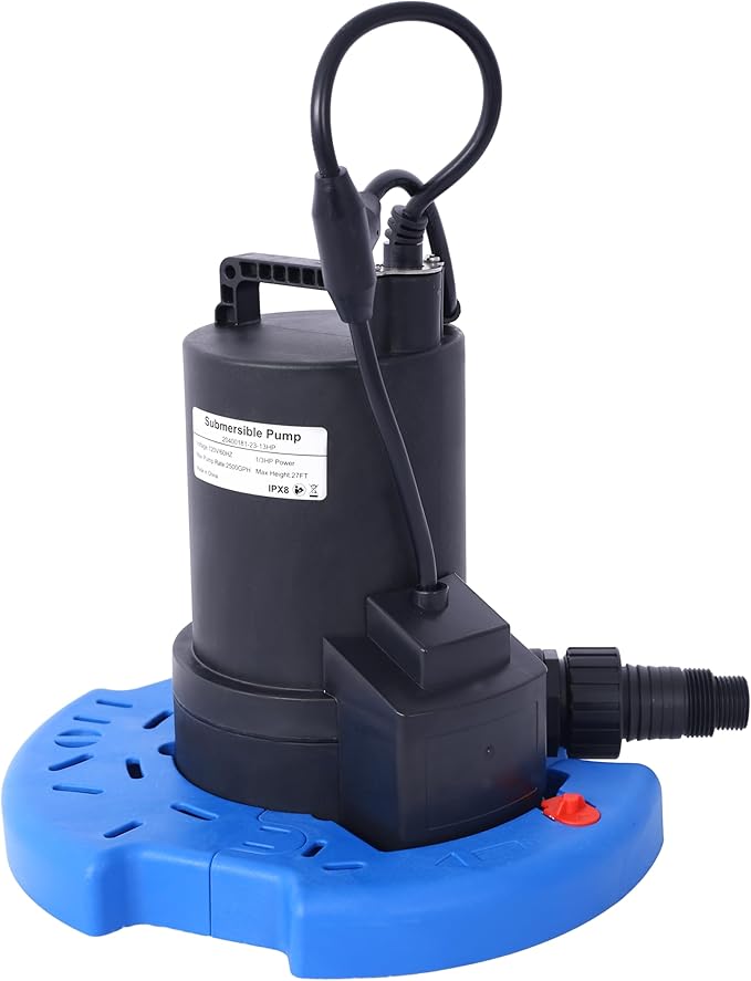 1/3 HP Automatic Swimming Pool Cover Pump 120 V Submersible with 3/4 Check Valve Adapter 2500 GPH Water Removal for Pool Hot Tubs Rooftops Water Beds and more