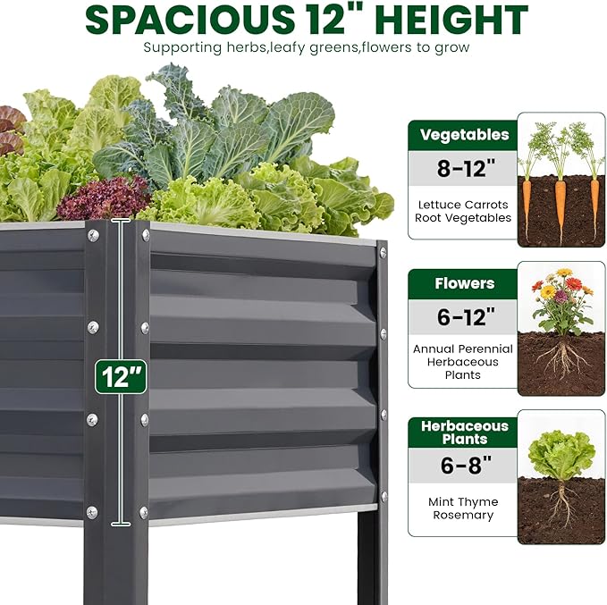 1MORE Elevated Raised Garden Bed with Legs &amp Storage Rack 48×24×32in Large Metal Raised Bed for Backyard Patio. Raised Planter Box with Drainage Holes for Plants Vegetables Flowers Fruits(Grey-1