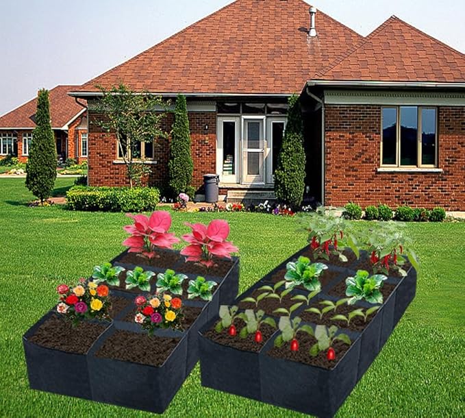 2 Pack Fabric Raised Garden Beds128 Gallon 8 Grids Thickened Rectangle Plant Grow BagsReusable Outdoor Gardening Planting Container Planter Pot for Growing Herbs Flower Gardening Vegetables Chillies