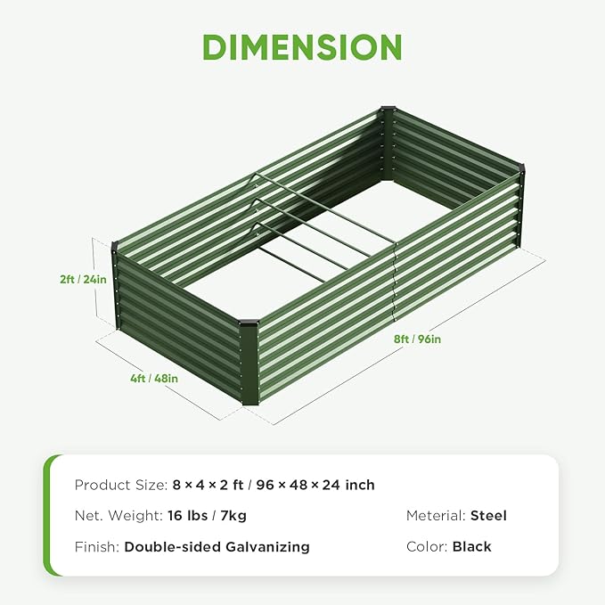 Galvanized Raised Garden Bed Outdoor 8x4x2ft Large Raised Bed for Gardening Metal Planter Box for Vegetables Fruits Flowers and Herb Easy Assembly Food Grade Materials Green