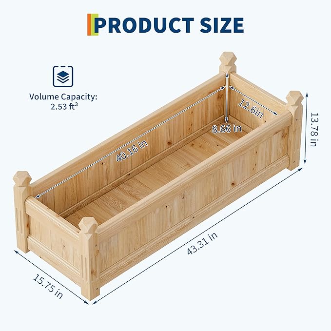 Large Wooden Raised Garden Bed 43.5 l x 16 w x 14 h Outdoor Rectangular Planter Box for Vegetables Flowers Herbs Yard Patio Backyard &amp Greenhouse Elevated Horticulture Wood Garden Plante