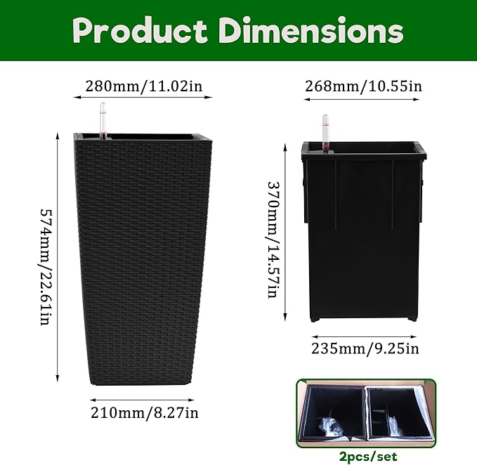 Square Planter for Indoor or Outdoor Use 22 Inch High Faux Rattan Flower Pot with Automatic Watering System for Porch Patio Backyard Makes Keeping Flowers Easier (Pack of 2 Black)