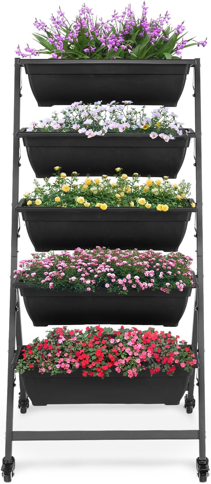 WEI WEI GLOBAL 5 Tiers Vertical Garden Bed with Drainage Holes Outdoor Vertical Garden Planter Planter Standing Garden Bed Outdoor Raised Planter Box for Vegetables Flowers Black