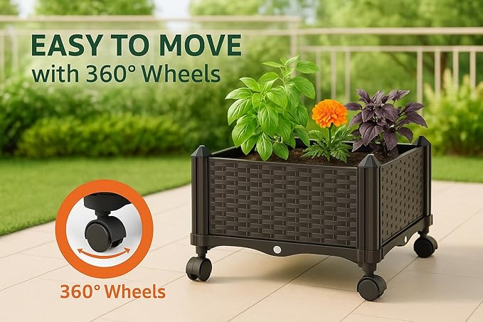 Sherbo Raised Garden Bed Planter Box on Wheels with Trellis Rattan Style Raised Planter Beds for Outdoor Plants Compact Mobile Planter Boxes Outdoor for Patio or Balcony