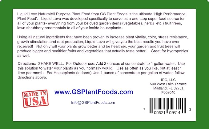 Liquid Love Plant Food by GS Plant Foods- All Purpose Plant Fertilizer (1 Gallon) - Liquid Fertilizer for Herb Gardens House Plants Vegetables Fruit Trees Lawns &amp Shrubs