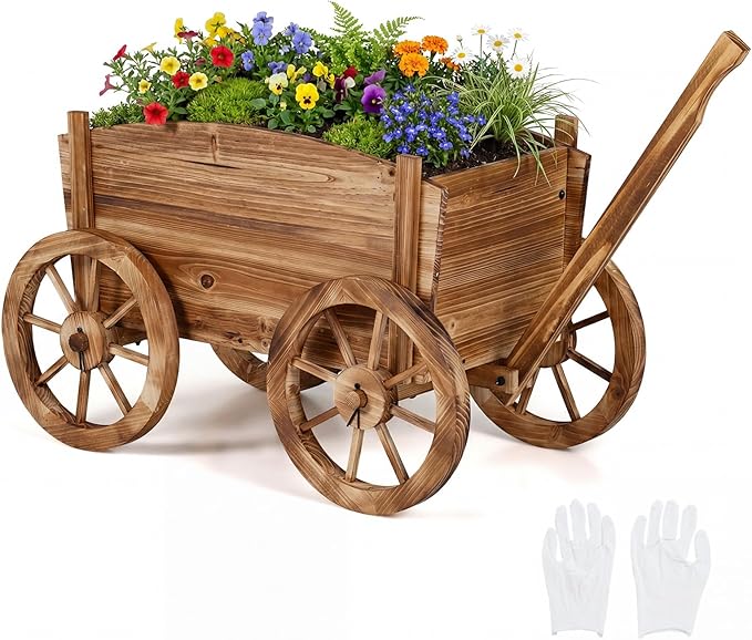 HAPPYGRILL Wood Wagon Wheelbarrow Planter Outdoor Rolling Garden Planter Cart with 4 Wheels Drainage Hole &amp Adjustable Handle Decorative Wagon Flower Pot Stand for Home Backyard Patio(1)