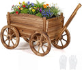 HAPPYGRILL Wood Wagon Wheelbarrow Planter Outdoor Rolling Garden Planter Cart with 4 Wheels Drainage Hole &amp Adjustable Handle Decorative Wagon Flower Pot Stand for Home Backyard Patio(1)