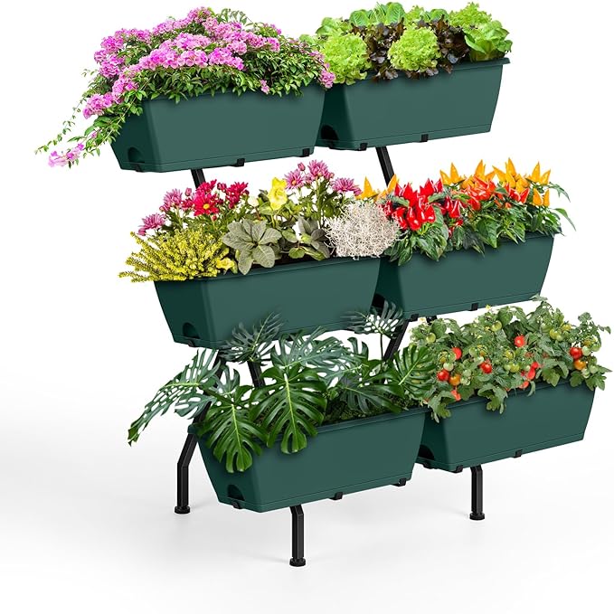 2 Column Vertical Raised Garden Beds 6 Planter Boxes Standing Garden Bed Outdoor/Indoor Herb Garden Tiered Planter with Drainage Holes &amp Removable Trays for Flowers/Vegetables/Plants (Green)