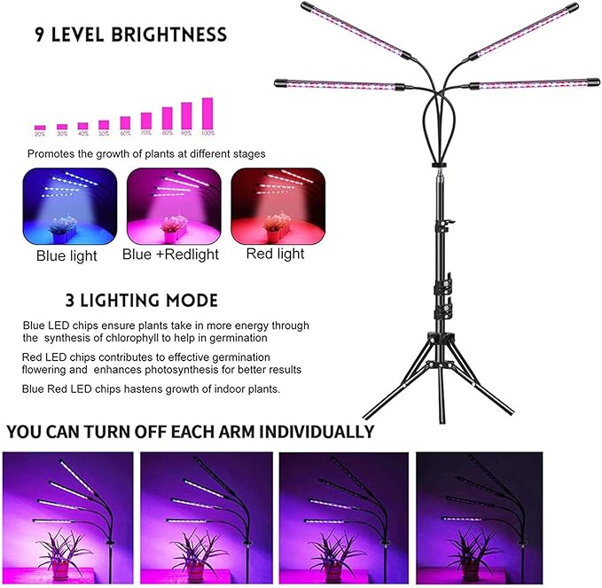 80W LED Full Spectrum Grow Lamps with Tripod Dimmable 9 Level Brightness Greenhouse Flower Adjustable Floor Plant Growing Lights with Timer Remote Control