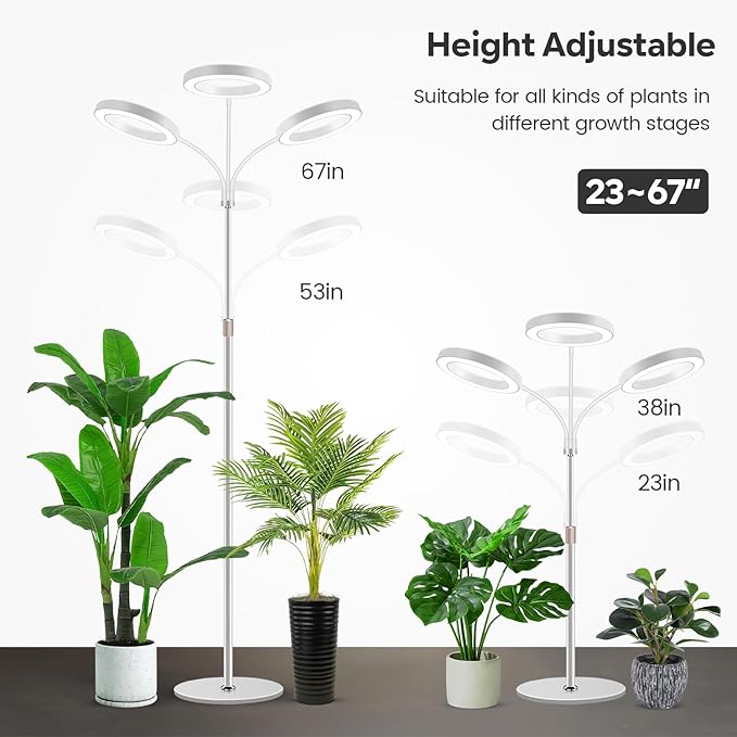 Garpsen Floor Plant Light Full Spectrum 252 LEDs Grow Light for Indoor Plants with Base 3 Color Modes &amp 5 Dimmable Timer 6/12/16H Grow Lamp with 67''Height Adjustable 3-Head-White