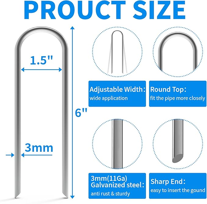 MySit 6 Inch 100 Pack U Shaped Garden Stakes Heavy Duty 11 Gauge Galvanized Drip Irrigation Stakes Landscape Staples for 1/2 to 1-1/2 Soaker Hose Weed Barrier Yard Decorations Fencing