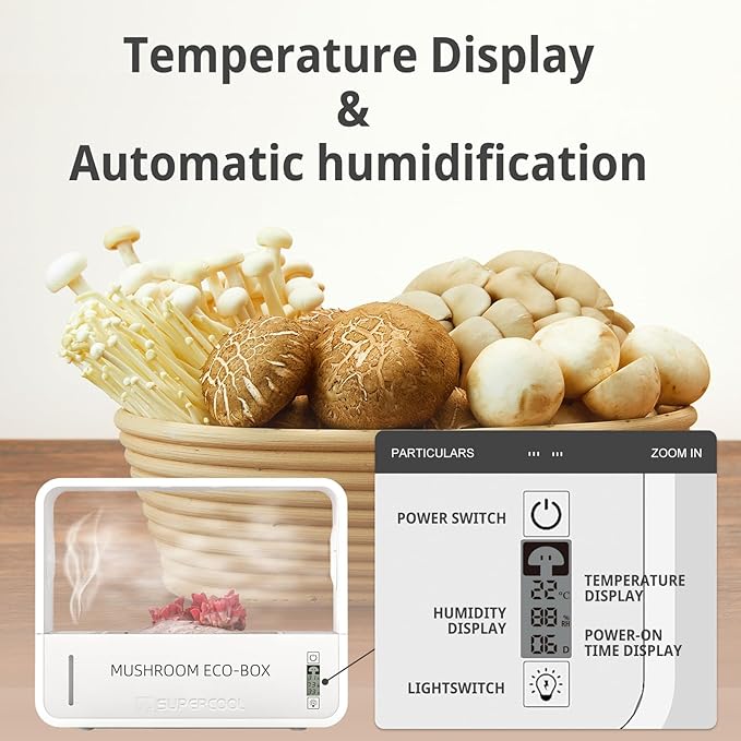 Mushroom Grow Kit with Automatic Humidification Exhaust System Grow Light and Temperature Display - Indoor Monotub for Fresh Air Mushroom Cultivation