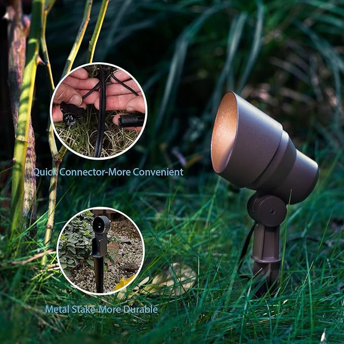 GOODSMANN Low Voltage Landscape Lights Path Lights 8PK 2W 100 Lumen with 8PK 3W 200 Lumens Spotlight Outdoor with Metal Stake Cable Connector