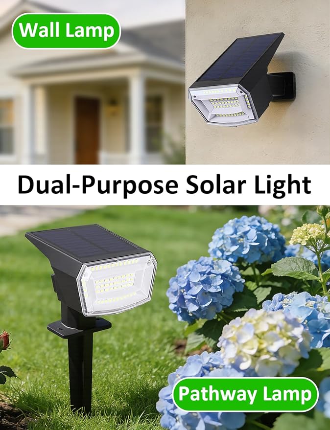 Solar Spot Lights Outdoor 4 Pack Waterproof Solar Powered Garden Lights 59 LED 4 Lighting Modes 6500K White Light 2-in-1 Auto On/Off Wall Light Outside Landscape Lighting for Yard Pathway
