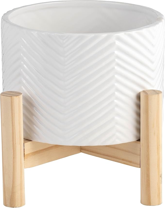 6 Ceramic Planter W Wood Stand White