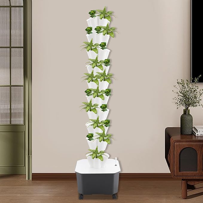 Hydroponic Growing Kit 10 Layer 50 Planting Point Hydroponic Grow Tower 25L Water Tank Capacity Vertical Tower Planter Germination Kit Hydroponics Growing System for Garden Office Balcony