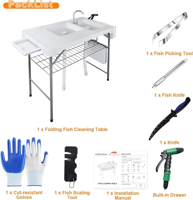 Fish Cleaning Table with 2 Sinks &amp Grid Rack - 42.5” Outdoor Fish Fillet Cleaning Station for Camping Patio Kitchen RV &amp Beach