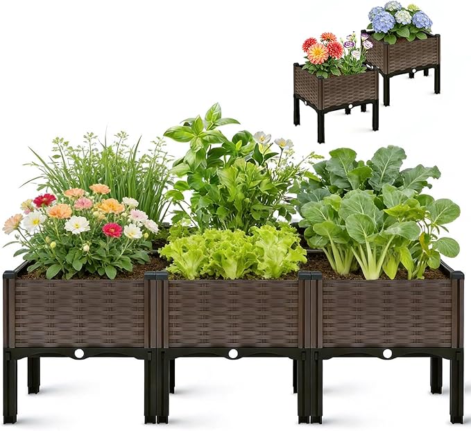 CloudDream 3Piece Brown Raised Garden Box Set Ideal for Growing Vegetables Herbs Flowers &amp Succulents. with Built-in Drain outlets andit Works Well Indoors and Outdoors Suitable (Brown)