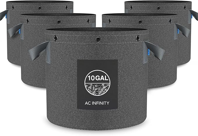 AC Infinity Heavy Duty Fabric Pots 10 Gallon Aeration Reusable Grow Bags 5-Pack with 500G Thick Nonwoven Fabric and Multi-Purpose Rings for Low Stress Plant Training Fruits Vegetables and Flowers