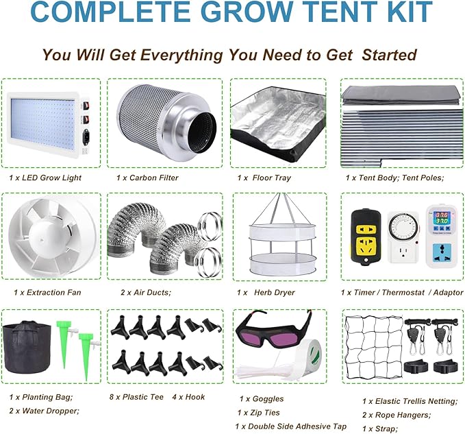 Grow Tent Kit Complete 4x2 ft High Reflective Mylar Hydroponics Indoor Plant Growing Tent with LED Grow Light Ventilaion Fan Growing System+Accesseries (48 x 24 x 80 - Gray)