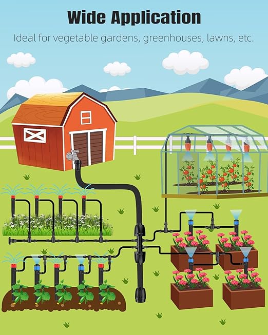 Pawfly Drip Irrigation System for Garden 240FT Drip Irrigation Kit with 1/2 &amp 1/4 Tubing Adjustable Emitters Fittings and Accessories Garden Watering System for Garden Greenhouse Lawn Yard