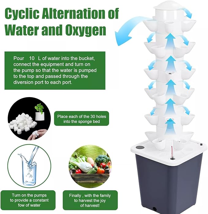 Indoor Hydroponics Growing System Kit 30 Plant Vertical Hydroponic Tower with Quiet Water Pump Adapter and Timer for Growing Herbs Fruits and Vegetables