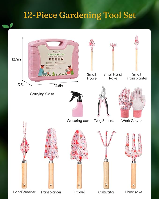 12-Piece Womens Gardening Tools Gift Set Rust-Proof &amp Heavy-Duty Garden Tools with Durable Carrying Case Fashionable &amp Thoughtful Gardening Gifts for Women&ampMen (Pink)