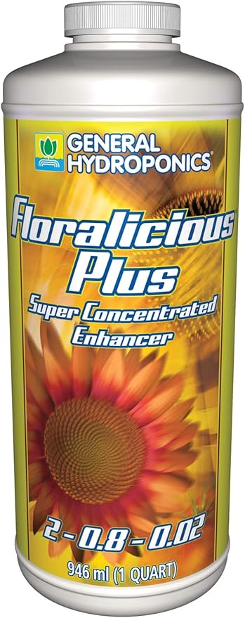General Hydroponics HGC732206 Floralicious Plus 2-0.8-0.5 Concentrated Blend of Plant Marine &amp Other Nutrients Enhance Growth Build Root &amp Leaf Mass 1-Quart 32-Ounce