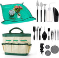 44pcs Small Gardening Tools Gifts for Women Beginners - Garden Hand Tools Set for Indoor Succulent Bonsai Plants Transplanting Included Bag/Repotting Mat/Shovel/Labels Green