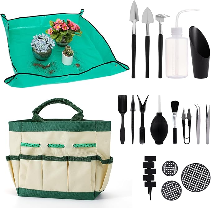 44pcs Small Gardening Tools Gifts for Women Beginners - Garden Hand Tools Set for Indoor Succulent Bonsai Plants Transplanting Included Bag/Repotting Mat/Shovel/Labels Green