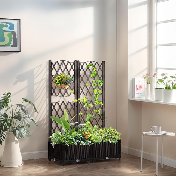 Outvita 31 x 16 x 48 Raised Garden Bed with Trellis ＆ Drainage Holes Free-Standing Trellis Planter Box Outdoor Floor Plant Bed for Vine Climbing Plants and Flowers in Garden Patio Balcony(Brown)