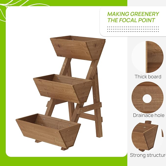 3-Tiers Wooden Raised Garden Bed Tiered Planter Box Flower Pots Vertical Garden Planter Wood Plant Stand for Vegetables Flowers Herbs for Patio Balcony Freestanding (Brown L)