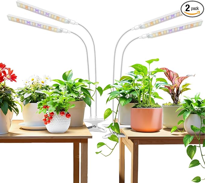 Grow Light Clip on 2 Pack 228 LED Grow Lights for Indoor Plants Full Spectrum 2 Head White Arm Grow Lamp with Gooseneck 6/12/16H Timer 5 Dimming 3 Light Mode