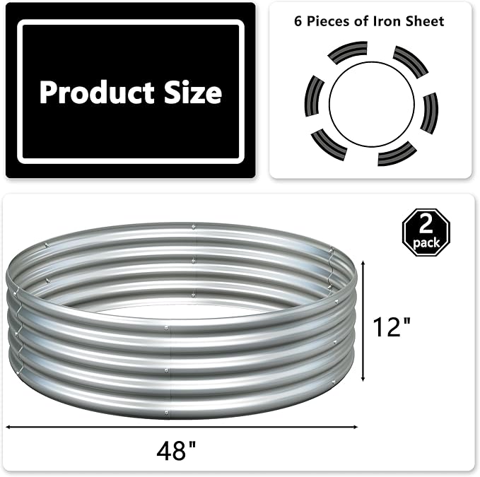 4x4x1ft(2 Pack) Galvanized Round Raised Garden BedOutdoor Planter Box Metal Patio Kit Planting Bed for Vegetables Flowers HerbSilver